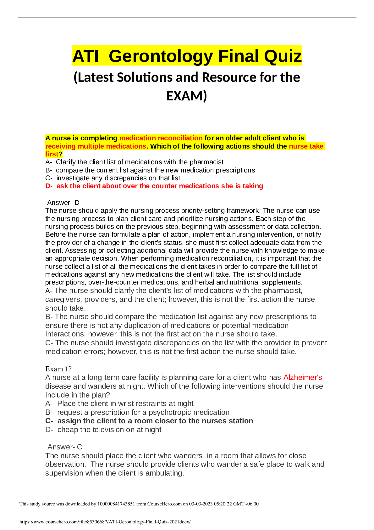 Preview image for ATI Gerontology Final Quiz 2021